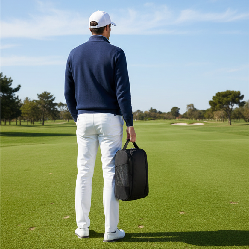 Golf course lifestyle shot with shoe bag